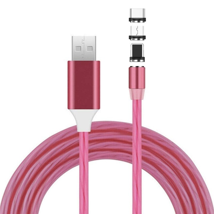 Cablu de incarcare cu flux luminos roz EVTrend® PREMIUM MAGNETIC, 3 in 1, onector USB-C, conector Micro-USB, conector compatibil cu Apple, conectori magnetici, USB, 5V, 2A, 1m, LED, ROZ