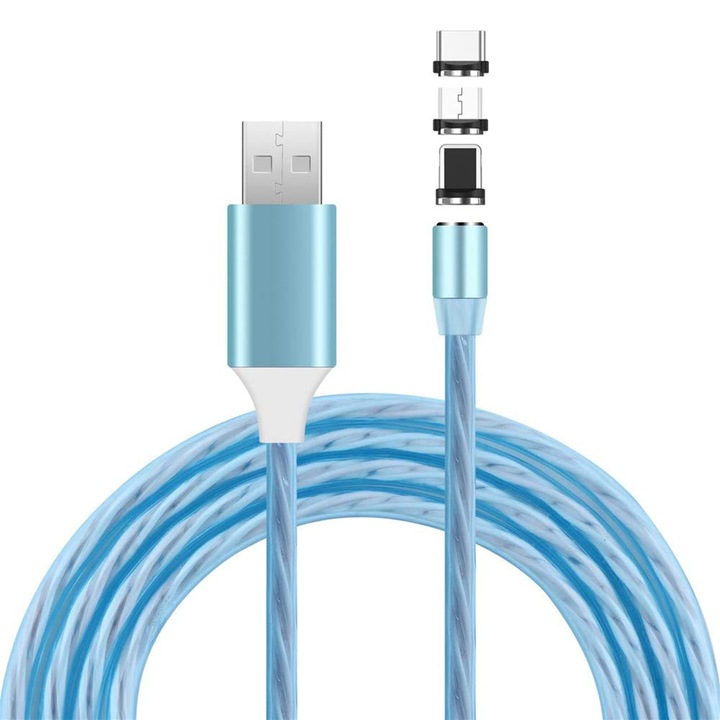 Cablu de incarcare cu flux luminos albastru EVTrend® PREMIUM MAGNETIC, 3 in 1, conector USB-C, conector Micro-USB, conector compatibil cu Apple, conectori magnetici, USB, 5V, 2A, 1m, LED, ALBASTRU