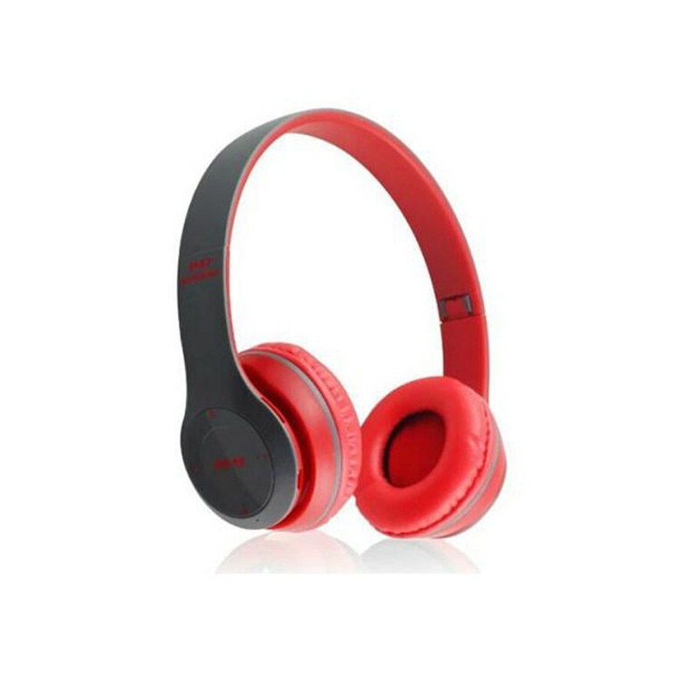 Casti wireless P47, Stereo Headphones, Fm Radio, MP3 Player, Microfon incorporat, Negru-Rosu