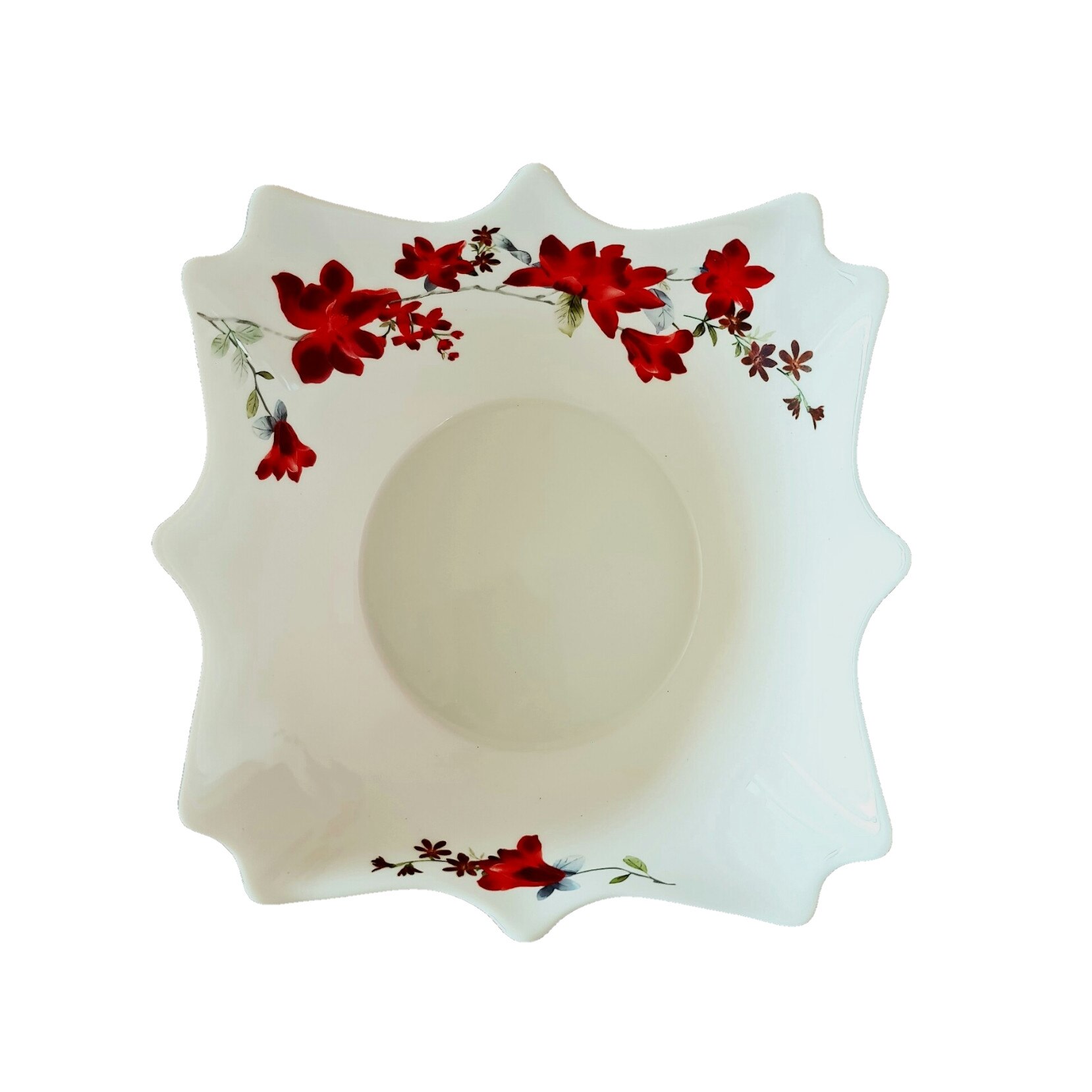 Bol mare alb/rosu opal,patrat,19cm,model floral