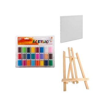 Set pictura format din Sevalet 40 cm, Panza Canvas 18x25 cm, Acuarele acrilice Set pictura format din Sevalet 40 cm, Panza Canvas 18x25 cm, Acuarele acrilice