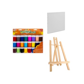 Set pictura format din Sevalet 40 cm, Panza Canvas 18x25 cm, Acuarele pe baza de apa Set pictura format din Sevalet 40 cm, Panza Canvas 18x25 cm, Acuarele pe baza de apa