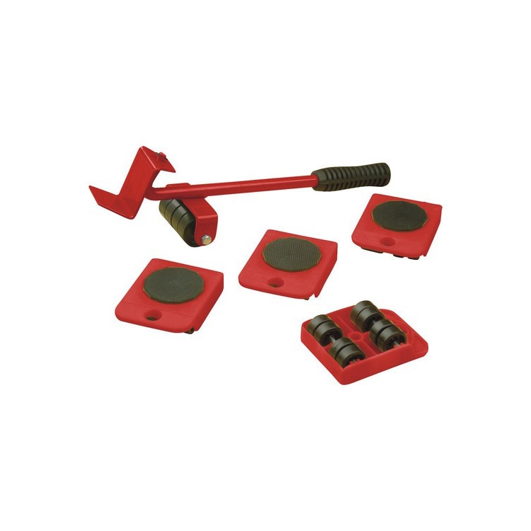 Set StrongPunch pentru mutat obliecte pana la 150 kg, 5 piese, cu 4 role a cate 8 roti si 1 cric pentru ridicare usoara, rosu, Doty