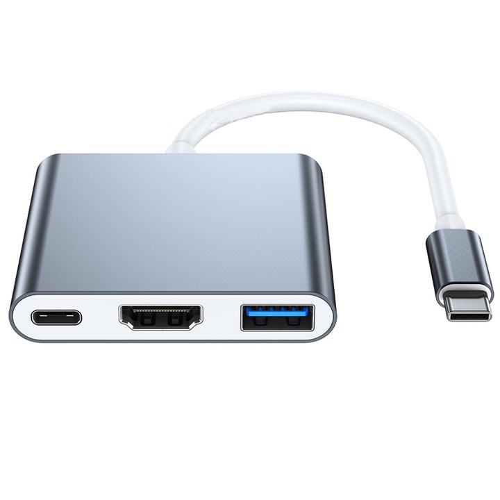 EVTrend адаптер, 3 в 1, USB-C към USB, HDMI, USB-C, модел HC-04B, сив