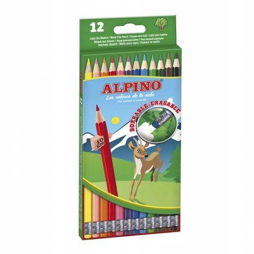 Set 12 creioane colorate cu radiera, Alpino, Multicolor