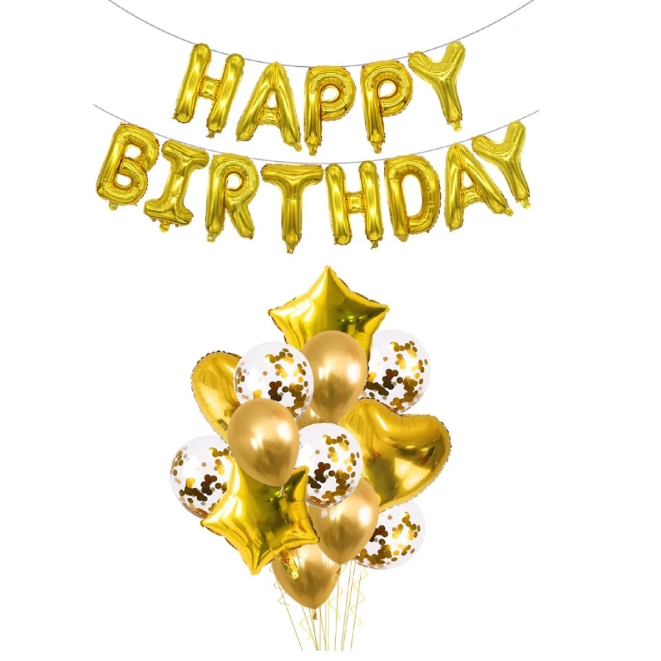 Set 14 Baloane Aniversare cu confetti + Baloane Happy Birthday, Auriu, It's Party Time