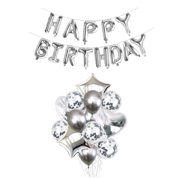 Комплект от 14 балона за рожден ден с конфети + балони Честит рожден ден, сребро, време е за парти