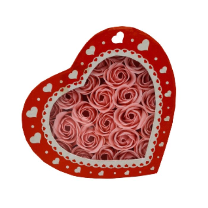 Aranjament din 20 de Trandafiri de Sapun Roz,Cutie Forma de Inima