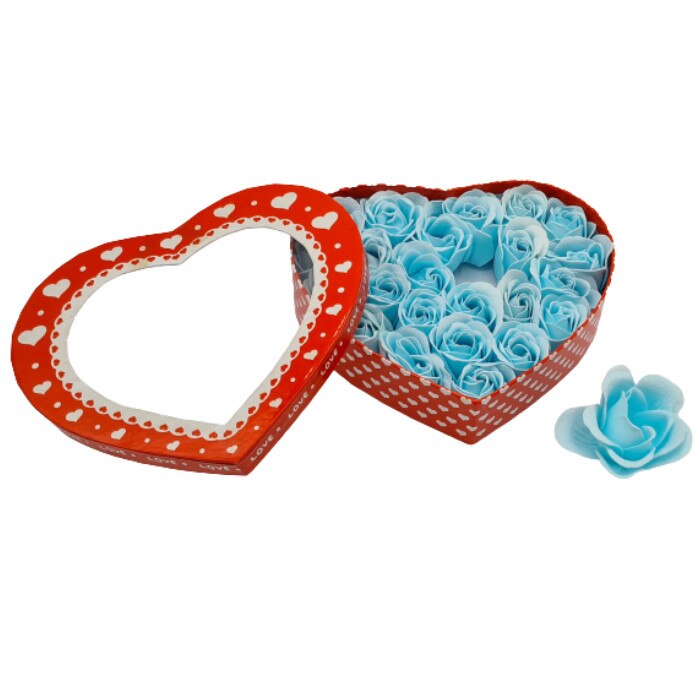 Aranjament din 20 de Trandafiri de Sapun Albastru ,Cutie Forma de Inima