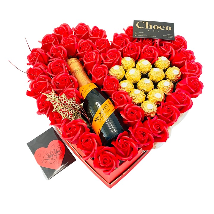 Cutie Cadou, ChocoBox, LOVE YOU, include Sampanie Prosseco, Trandafiri si Ferrero Rocher