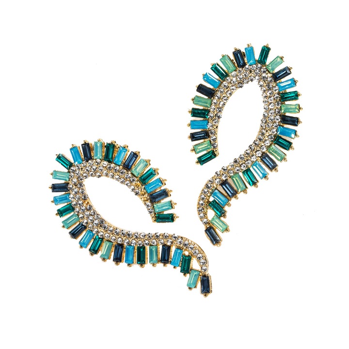 Cercei dama, Aliaj metalic, Auriu, Cristale multicolor, 6 x 3 cm