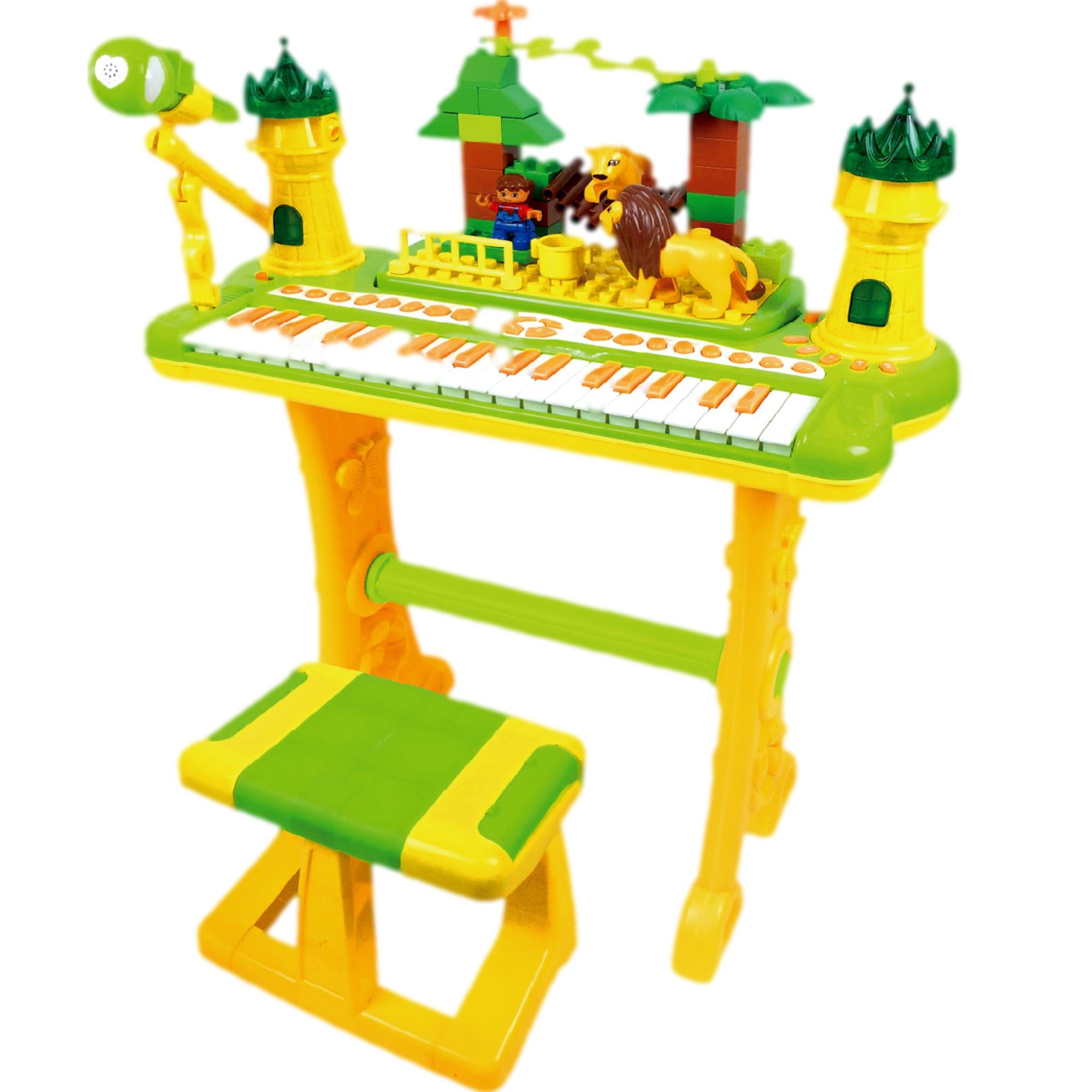 Set Complet Muzical MP3 pentru Copii cu Orga Electronica, Microfon si Scaunel, animalute jungla