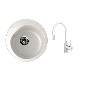 Set chiuveta granit alb Ulgran 1 cuva rotunda si baterie bucatarie Ferro pipa flexibila alb Set chiuveta granit alb Ulgran 1 cuva rotunda si baterie bucatarie Ferro pipa flexibila alb