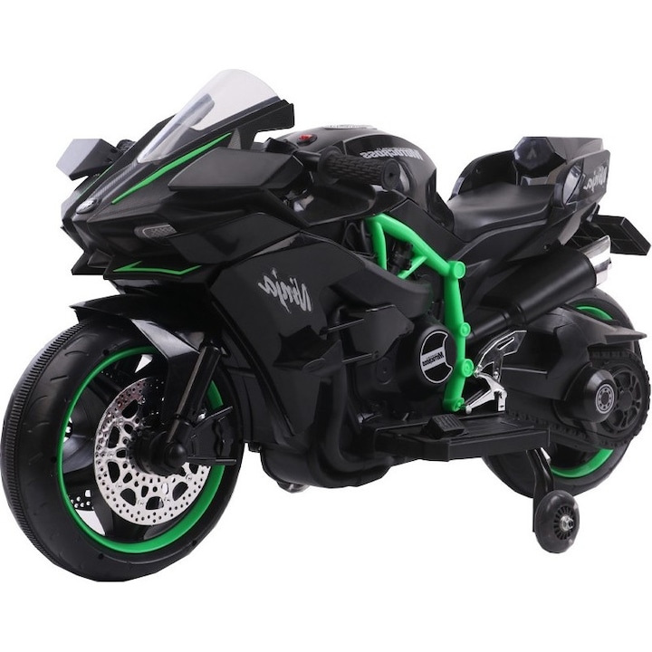 NOVOKIDS Ninja Premium Motocross kismotor gyerekeknek, akkumulátoros, kormány sebességgel, 3-8 éves korig, max 30 kg, dallamokkal és LED lámpákkal, Bluetooth, segédkerekekkel, fekete / zöld
