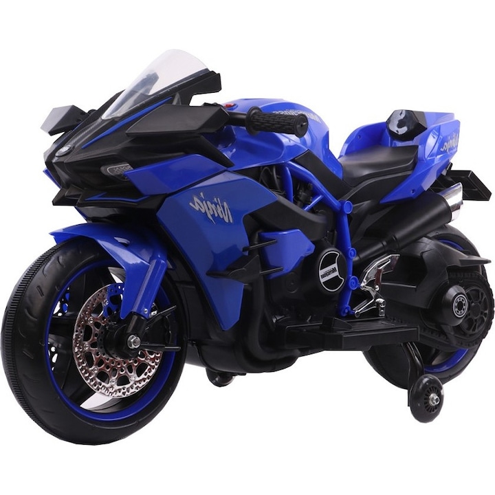 NOVOKIDS Ninja Premium Motocross elektromos motorkerékpár akkumulátorral gyerekeknek, sebesség a fogantyútól, 3-8 éves korig, Max 30 kg, dallamokkal és LED fényekkel, Bluetooth, segédkerekekkel, Kék
