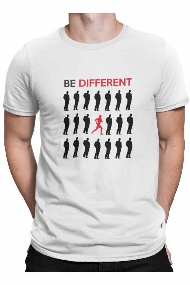 Tricou personalizat pentru baieti cu mesajul motivational Fii diferit!, Priti Global, cadou inedit aniversare barbati, Alb