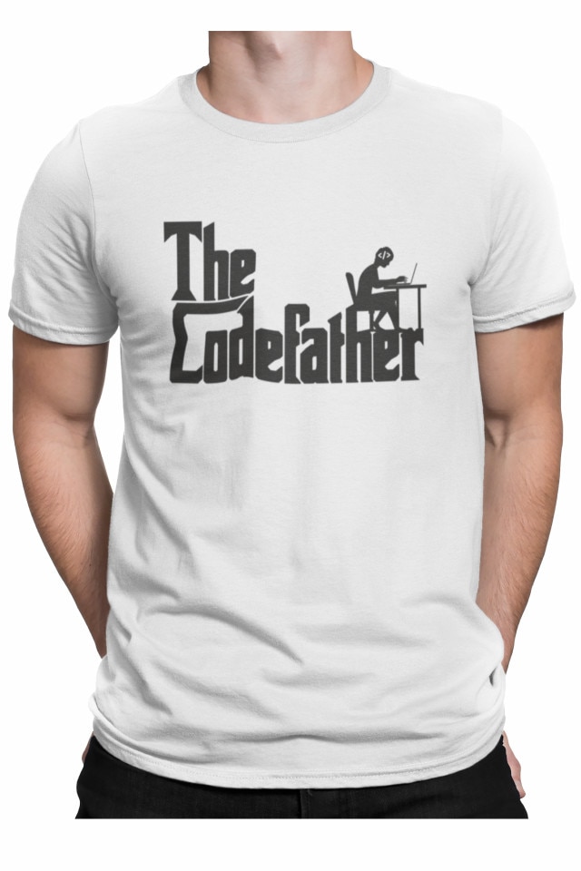 Tricou personalizat pentru baieti programatori cu mesaj amuzant, The Codefather - nasul codului, Priti Global, Alb