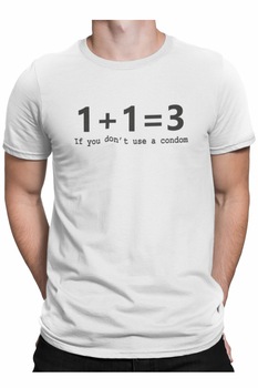 Tricou personalizat pentru baieti cu mesaj amuzant, 1 + 1 = 3, daca nu te protejezi, Priti Global, Alb Tricou personalizat pentru baieti cu mesaj amuzant, 1 + 1 = 3, daca nu te protejezi, Priti Global, Alb