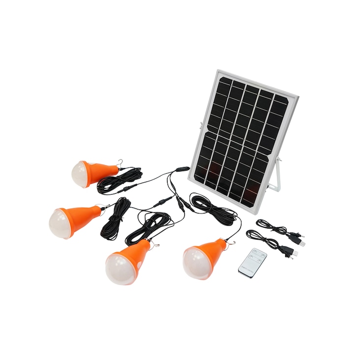 Sistem pentru iluminat cu becuri 4x16 LED-uri, panou solar 5V/10W si telecomanda Breckner Germany