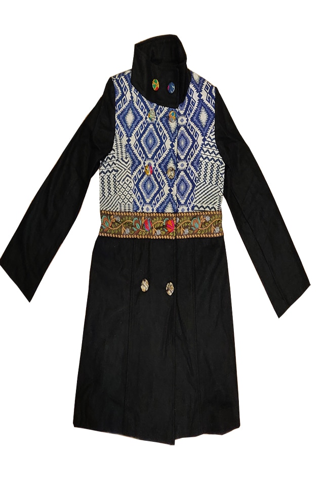 Palton din lana cu broderie si insertii material cu imprimeu geometric romburi albastre