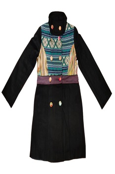 Palton din lana cu broderie si insertii material cu imprimeu geometric turcoaz Palton din lana cu broderie si insertii material cu imprimeu geometric turcoaz