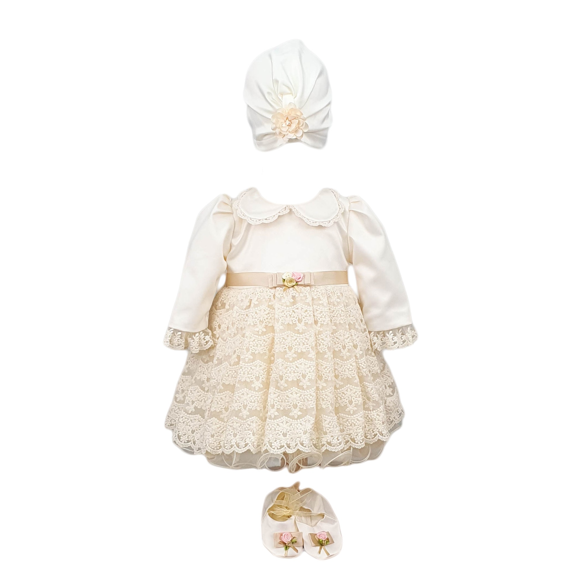 Rochita botez cu maneca lunga, model Mica Printesa, ivoire-crem, varsta 3-6 luni