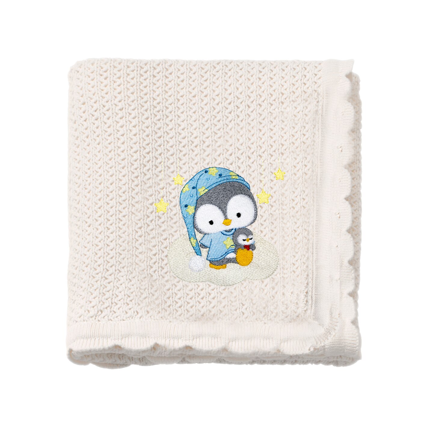 Paturica tricotata bebe, LWS, bumbac, brodata, model Pinguin somnoros, 70x90 cm