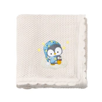 Paturica tricotata bebe, LWS, bumbac, brodata, model Pinguin somnoros, 70x90 cm Paturica tricotata bebe, LWS, bumbac, brodata, model Pinguin somnoros, 70x90 cm