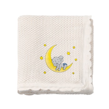 Paturica tricotata bebe, LWS, bumbac, brodata, model Elefantel dormind pe luna, 70x90 cm Paturica tricotata bebe, LWS, bumbac, brodata, model Elefantel dormind pe luna, 70x90 cm