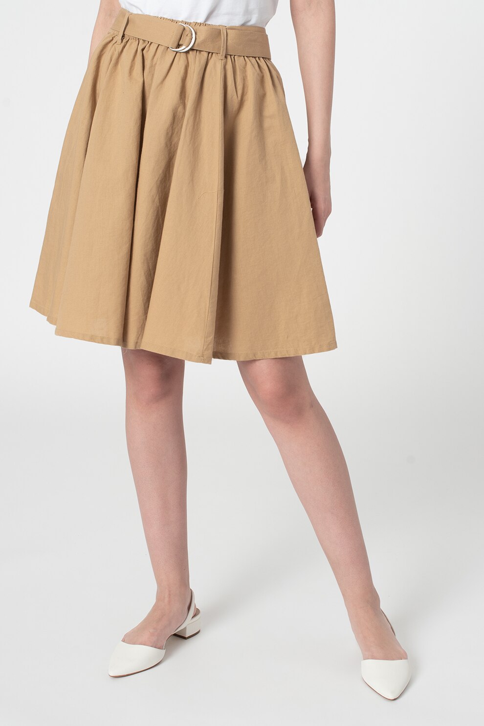 United Colors of Benetton, Fusta evazata din amestec de in, Maro camel