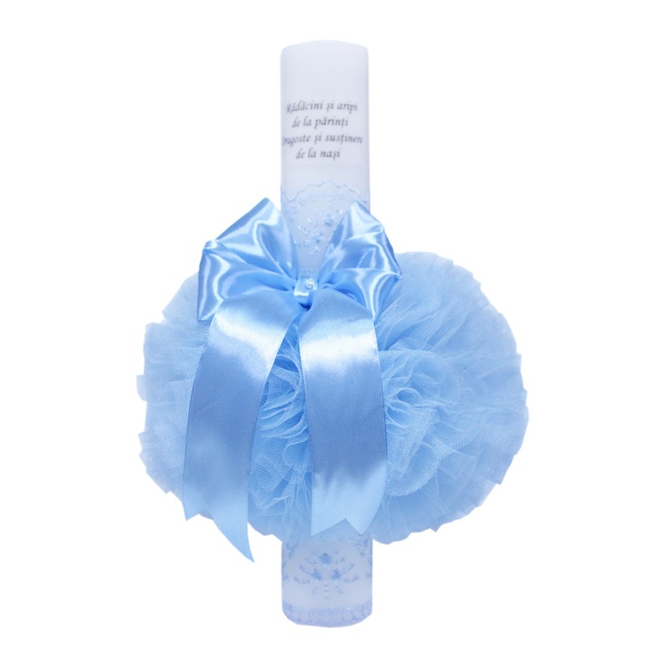 Lumanare bleu „Radacini si aripi” pentru botez, cu tulle bleu si funda, 35x5 cm, REC108