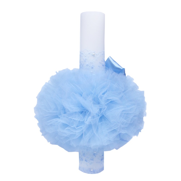 Lumanare bleu „Radacini si aripi” pentru botez, cu tulle bleu si funda, 35x5 cm, REC108