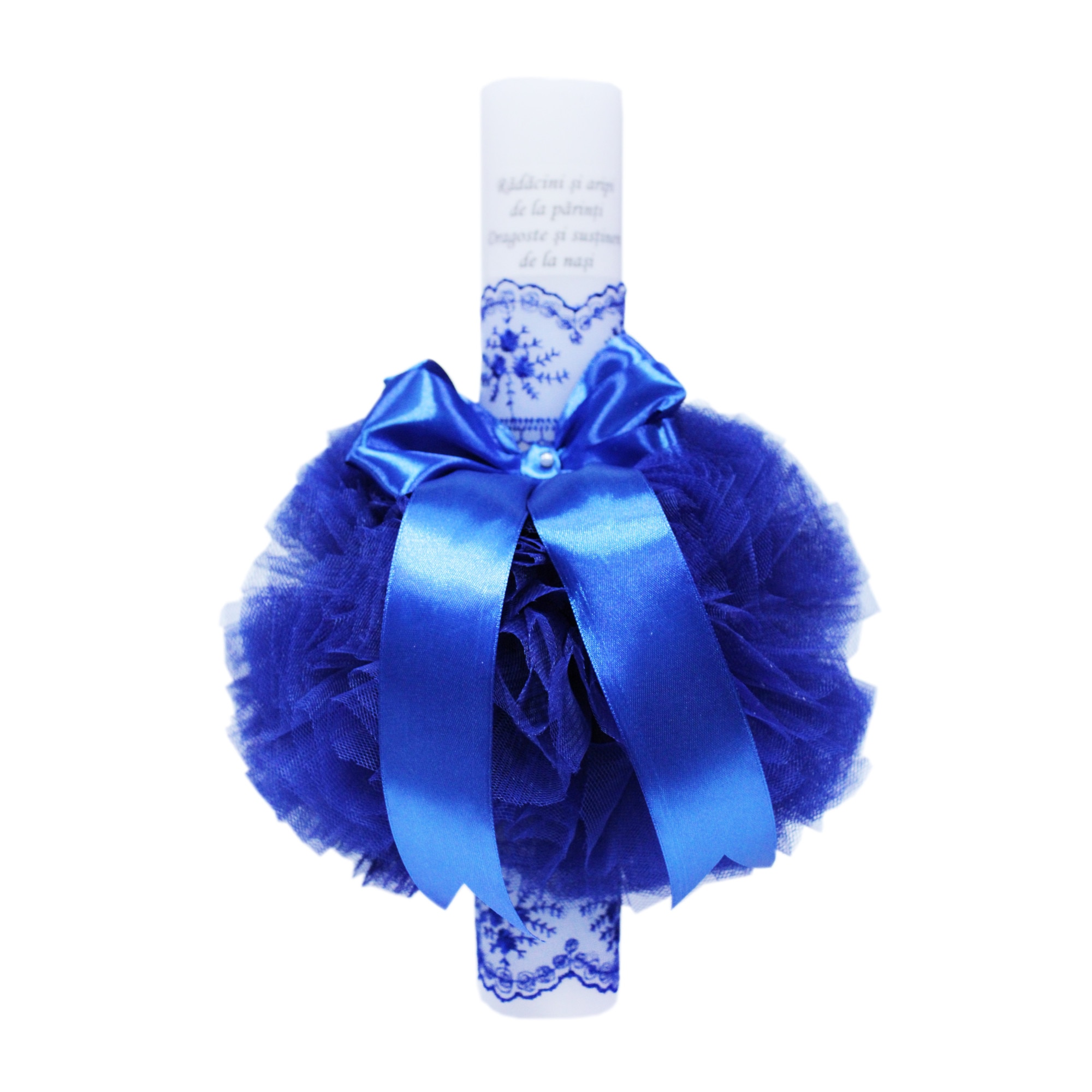 Lumanare albastru electric „Radacini si aripi” pentru botez, cu tulle albastru si funda, 35x5 cm, REC112