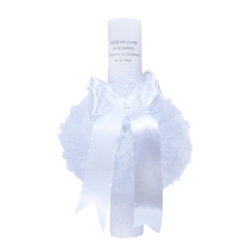 Lumanare alba „Radacini si aripi” pentru botez, cu tulle alb si funda, 35x5 cm, REC109
