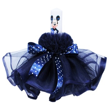 Lumanare bleumarin pentru botez, cu Mickey Mouse imprimat, cu volane si funda cu buline, 30x5 cm, REC137 Lumanare bleumarin pentru botez, cu Mickey Mouse imprimat, cu volane si funda cu buline, 30x5 cm, REC137