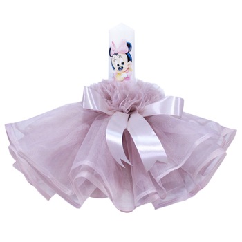 Lumanare roz pudrat pentru botez, cu Minnie Mouse imprimata, cu volane si funda, 30x5 cm, REC139 Lumanare roz pudrat pentru botez, cu Minnie Mouse imprimata, cu volane si funda, 30x5 cm, REC139
