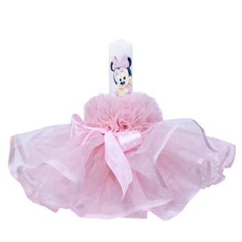 Lumanare roz deschis pentru botez, cu Minnie Mouse imprimata, cu volane si funda cu buline, 30x5 cm, REC134 Lumanare roz deschis pentru botez, cu Minnie Mouse imprimata, cu volane si funda cu buline, 30x5 cm, REC134