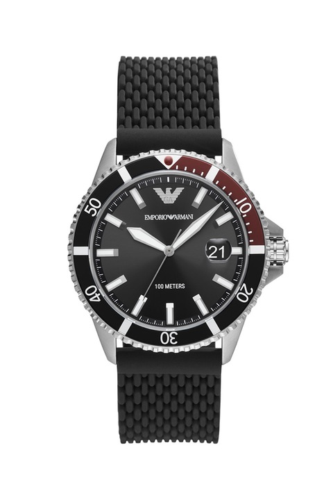 Emporio Armani, Кварцов часовник от инокс, Черен, сребрист, тъмночервен