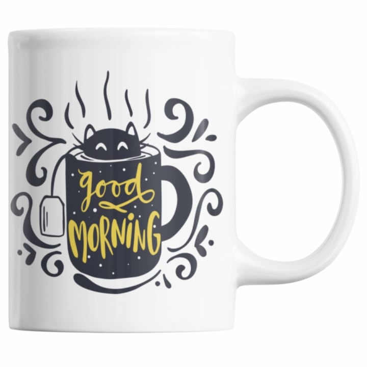 Cana cafea si ceai cu pisica simpatica si text "Buna dimineata", Priti Global, pentru iubitorii de pisici, 300 ml