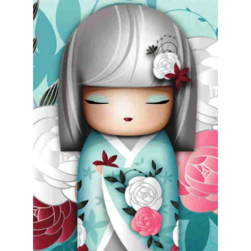 Tablou cu rama de lemn J5, Papusa Kokeshi vernil, Pictura cu Diamante, Goblen cu pietre 5D, 20 x 30 cm - Krista®