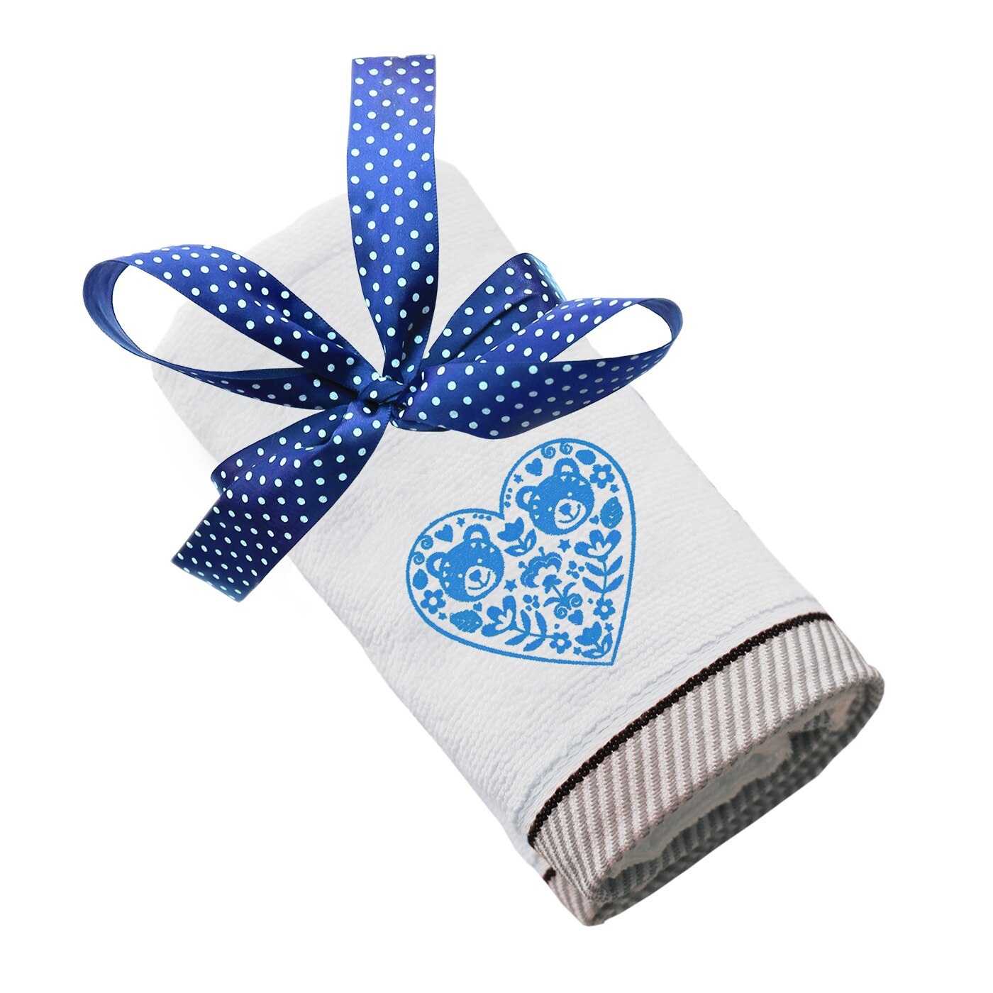 Prosop bumbac, LWS, brodat, model Inima albastra cu flori si ursulet, alb, 50x100 cm