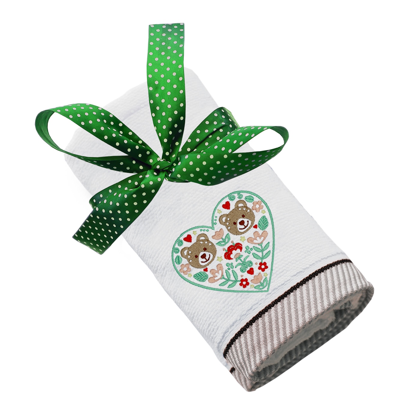 Prosop bumbac, LWS, brodat, model Inima cu flori si ursulet, alb, 50x100 cm