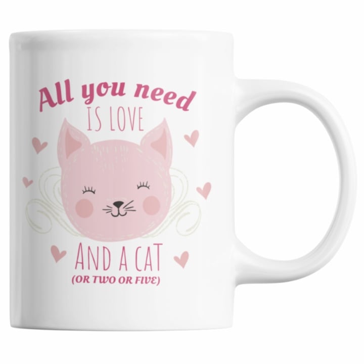Cana pentru iubitorii de pisici, Priti Global, cadou de Valentine's Day, cu mesajul "Tot ceea ce ai nevoie este dragoste, si o pisica (sau doua, sau cinci)", 300 ml