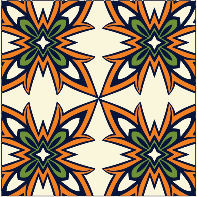 Set 6 buc stickere autocolante faianta decorativa 20cm x 20cm model 4 flori portocalii cu contur albastru