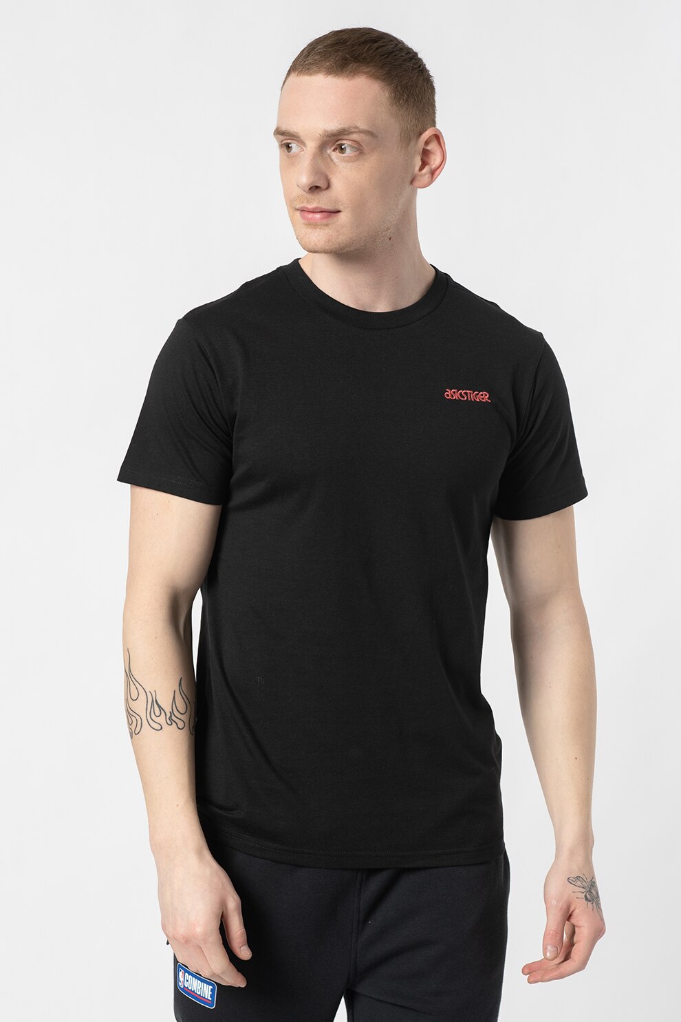 ASICS Tiger, Tricou cu decolteu la baza gatului si imprimeu logo, Negru/Fucsia