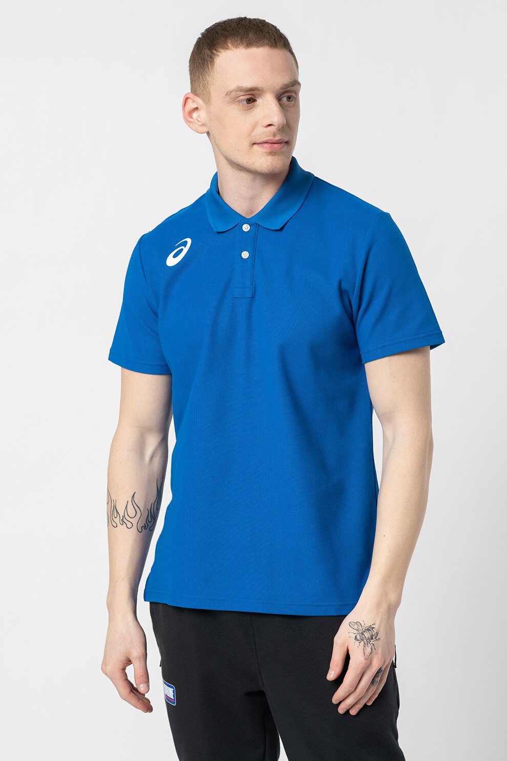 Asics, Tricou polo din material pique cu imprimeu, Albastru royal/Oranj