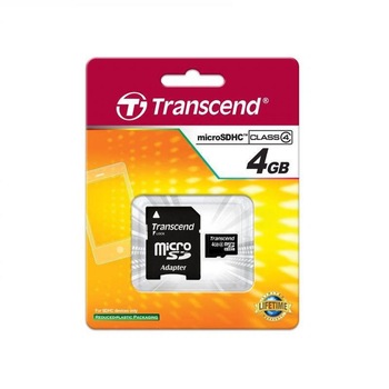 Card de memorie Transcend Micro-SDHC 4GB, Clasa 4 + Adaptor SD Card de memorie Transcend Micro-SDHC 4GB, Clasa 4 + Adaptor SD