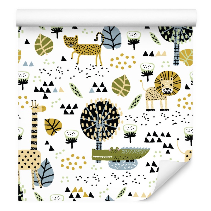 Tapet lei copaci frunze buline camera baiatului 53cm x 10m Rola, Stil Scandinav, Safari, Dormitor, Living, Camera copilului, Animal print, Flori, Natura
