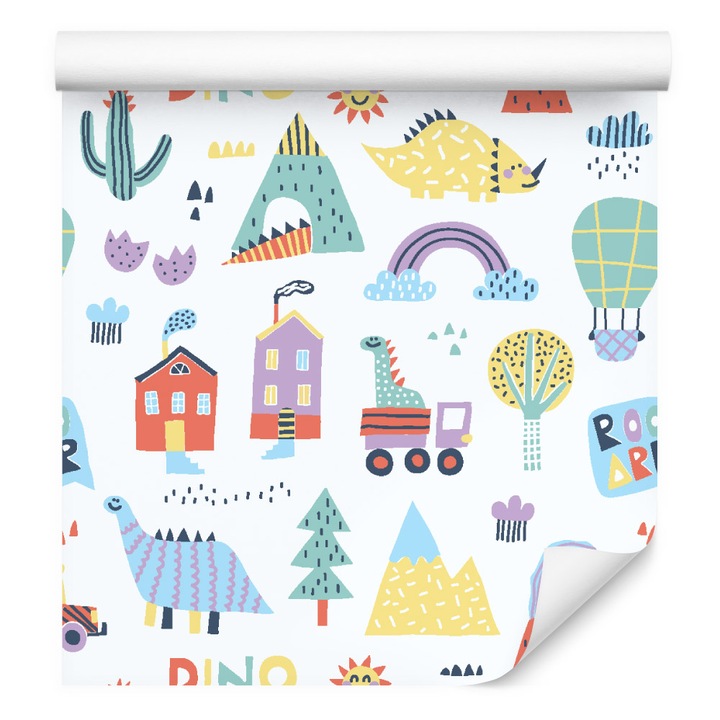 Tapet pentru baiat dinozauri colorati munti copaci 53cm x 10m Rola, Dormitor, Living, Camera copilului, Multicolor, Curcubeu, Animal print, Flori