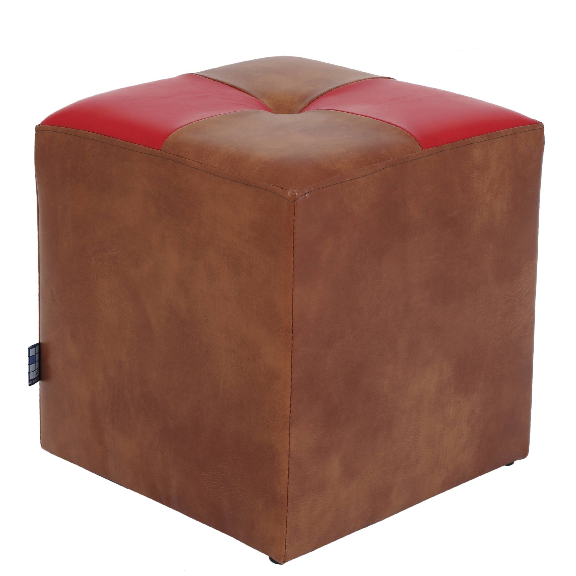Taburet Cool bicolor, piele ecologica Cognac/Rosu, 36x36x38 cm